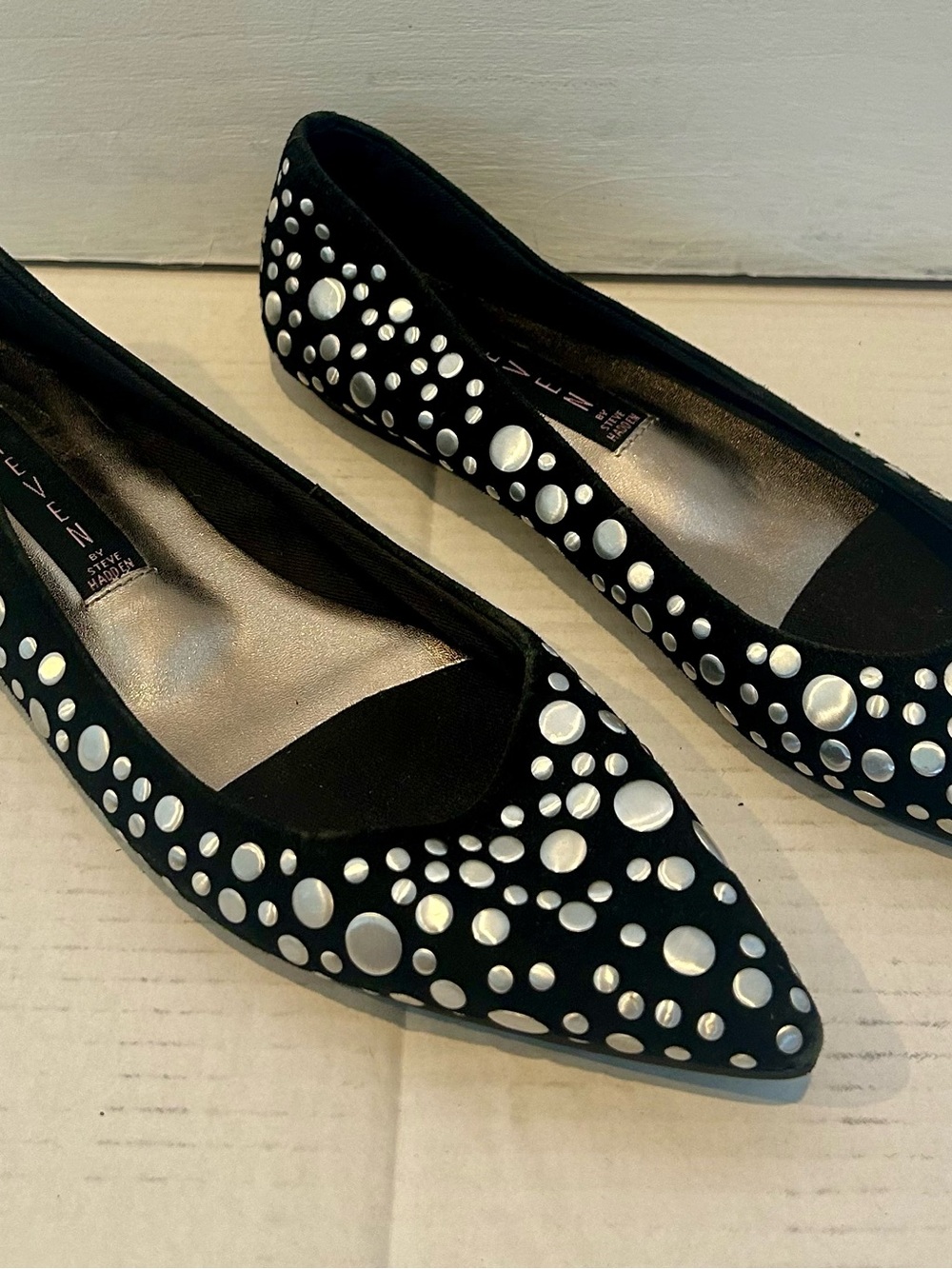 Steven By Steve Madden Black Pointed Toe Flats with Silver Studs